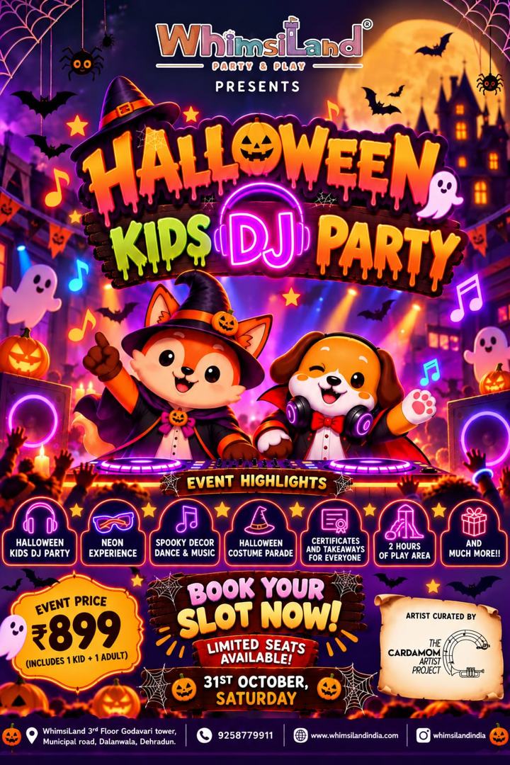Halloween Kids DJ Party at WhimsiLand. Event highlights: Halloween kids DJ party, neon experience, spooky decor, dance and music, Halloween costume parade, certificates and takeaways for everyone, two hours of play area. Event price 899 rupees including one kid and one adult. 31st October, Saturday.